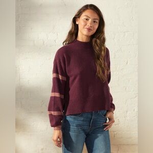 UpWest Burgundy Mock Neck Sweater with Mauve Stripes on Balloon Sleeves Small